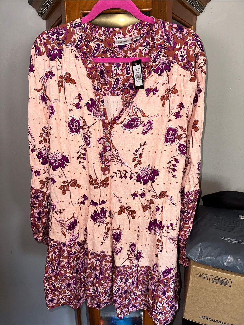 Avenue Pink Floral Tiered Long Sleeve Dress with Purple Accents